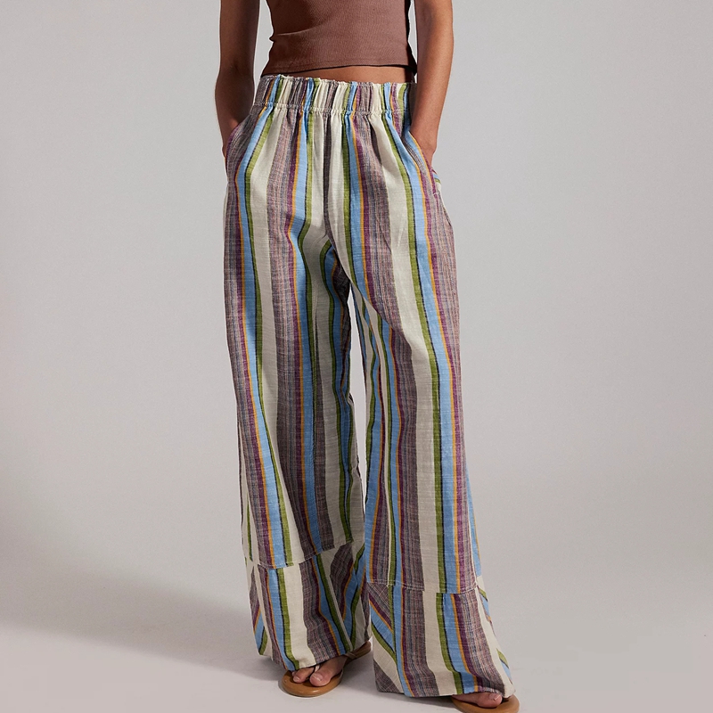 Palazzo Pant Wide - Kadın Y2k Vintage Çizgili Baskı Elastik