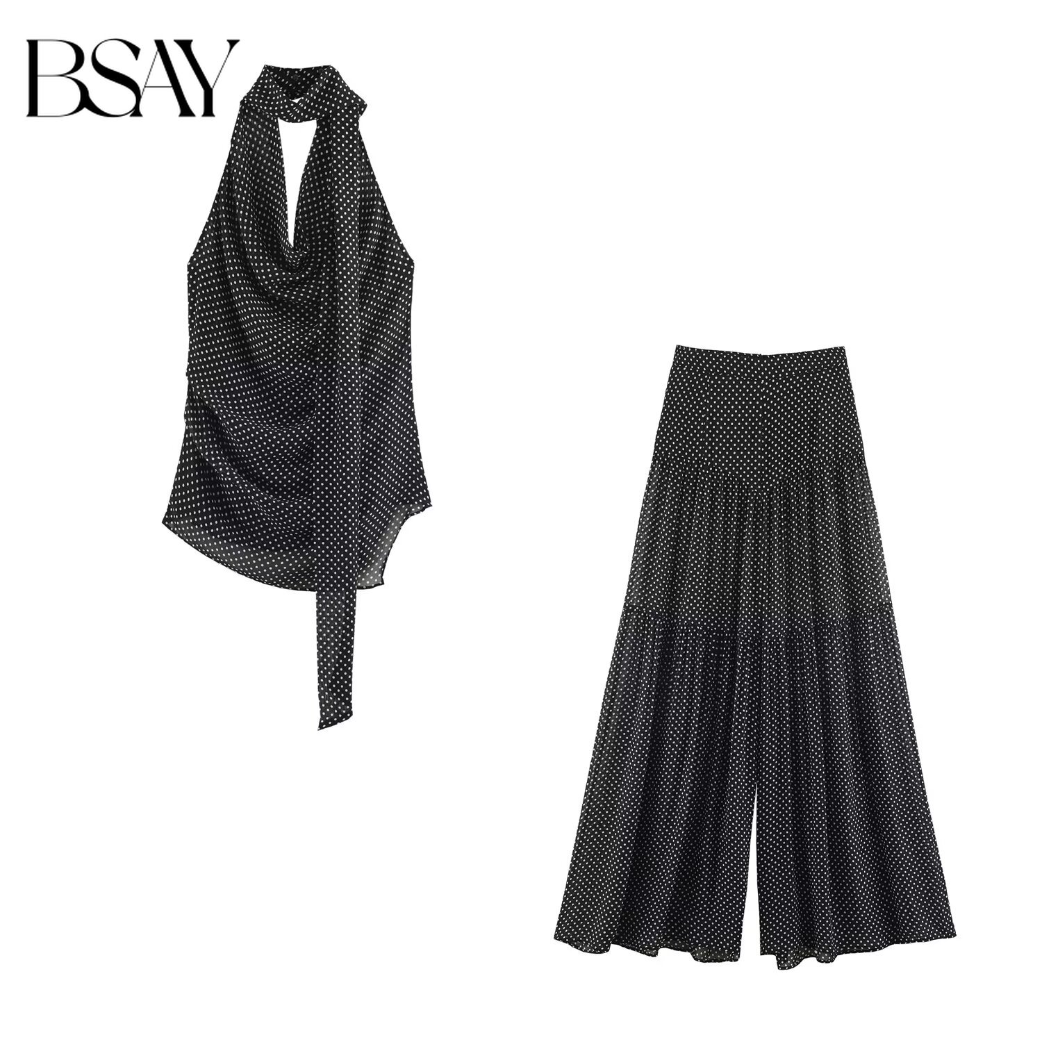 Palazzo Pant Wide - BSAY 2026 Halter Yaka Puantiyeli Kolsuz