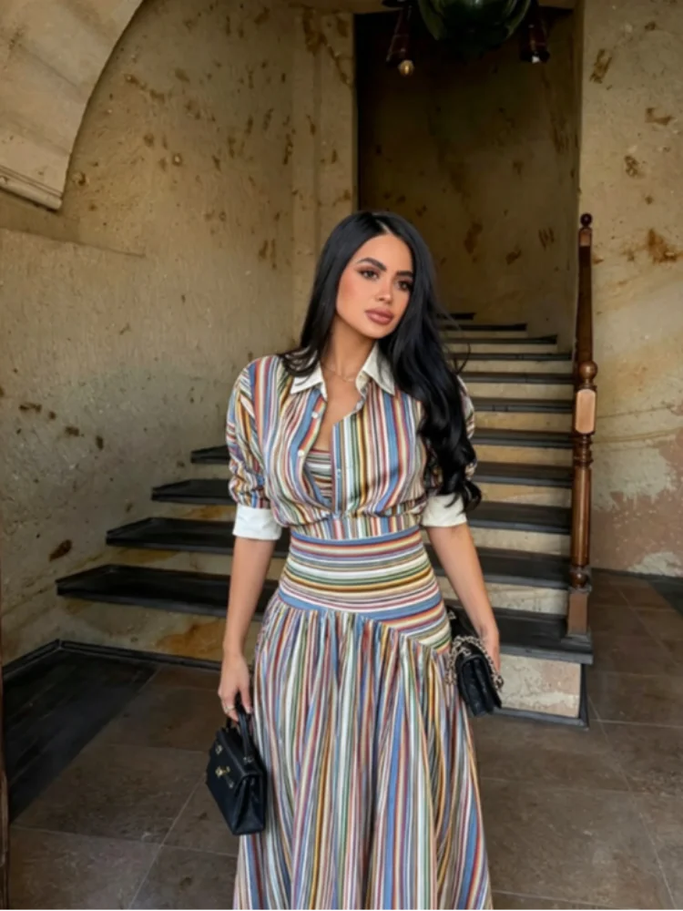 Summer Clothing For Older Women - Bohem Renkli Çizgili Gömlek Maksi Elbise