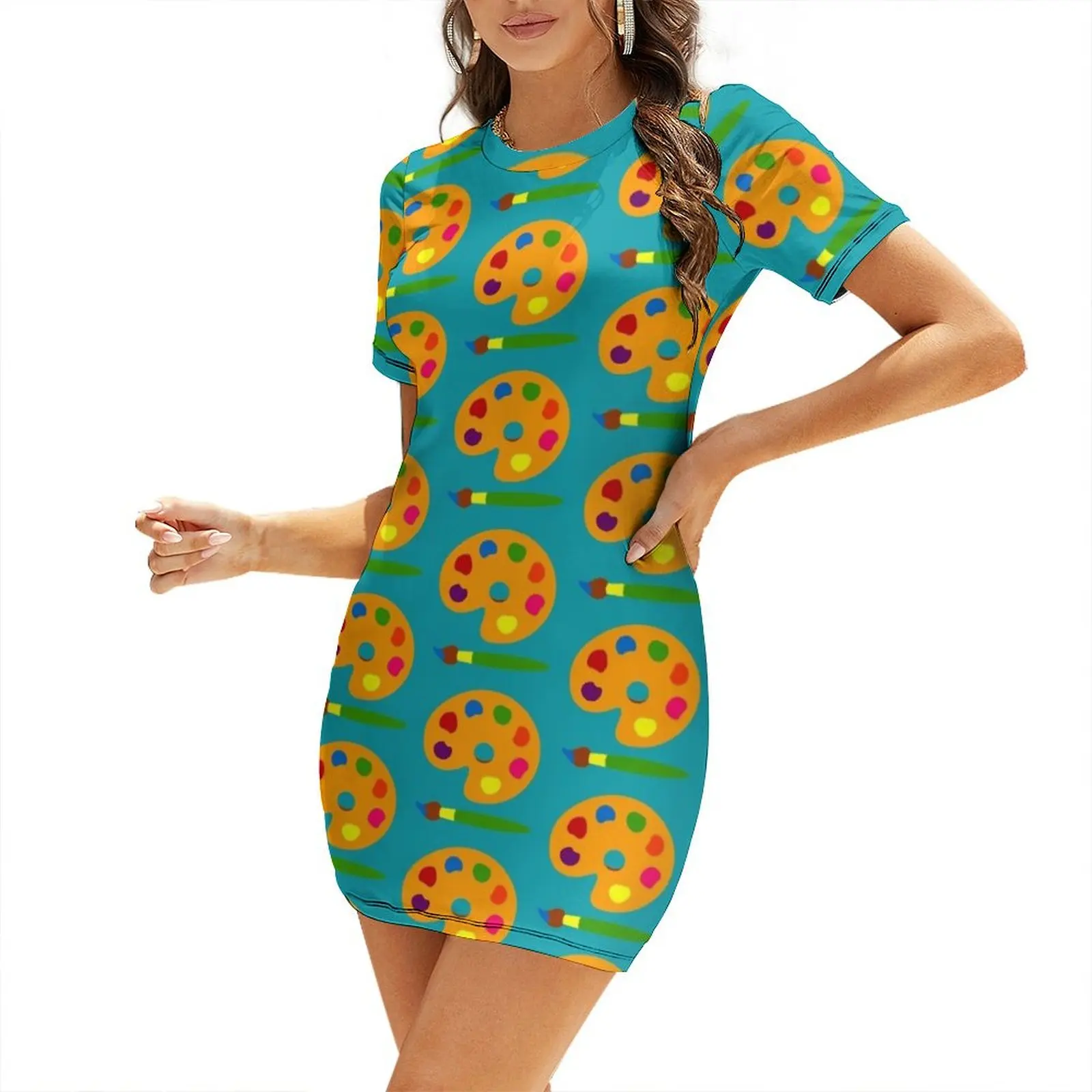 Summer Clothing Palette - Renkli Boya Paleti Kısa Kollu Elbise